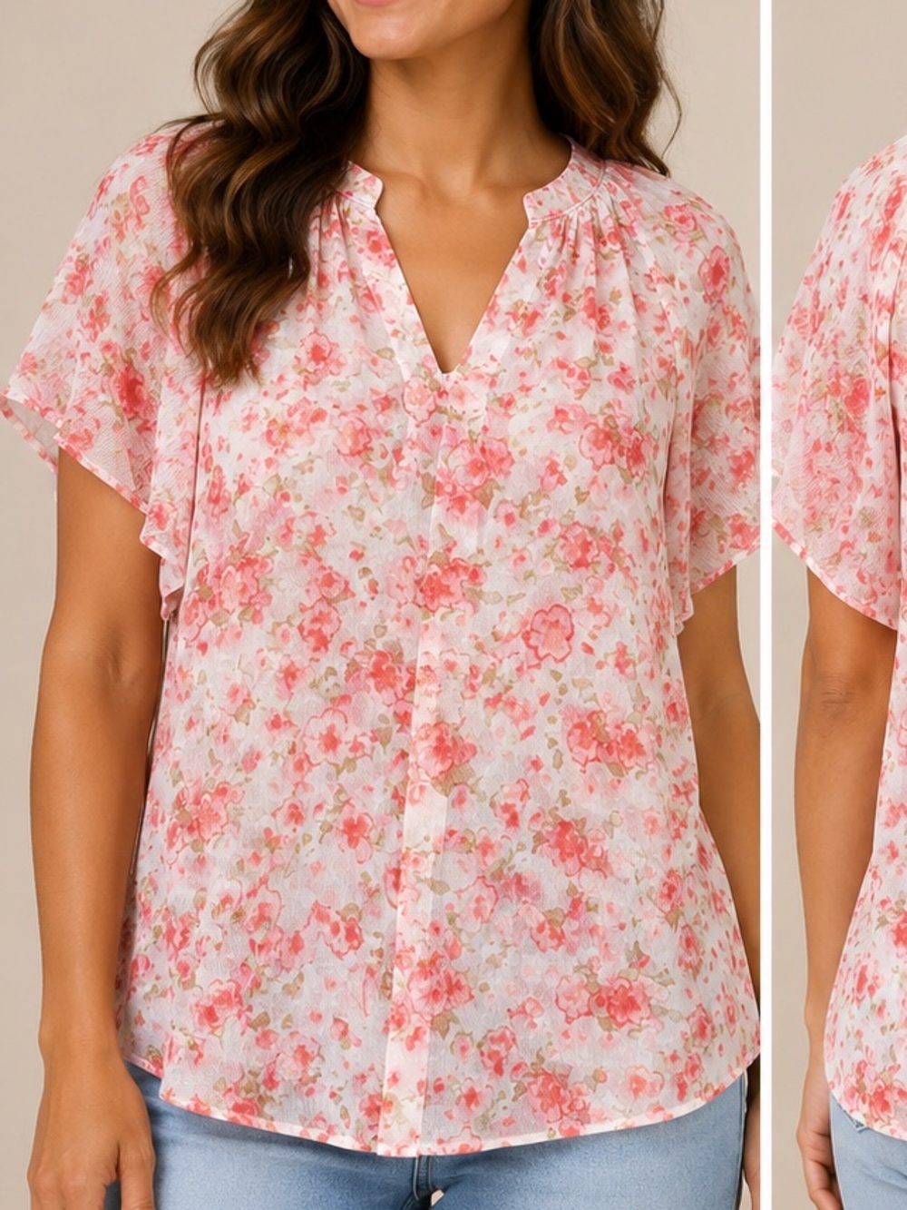 Women's Pink Floral V-Neck Flutter Sleeve Blouse LARGE